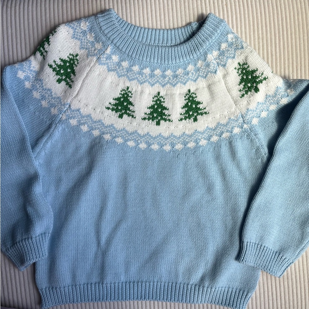 Cozy Light Blue Fair Isle Sweater with Green Tree Pattern